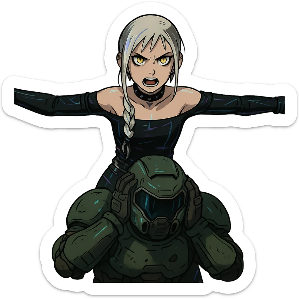  young woman with gold yellow eyes, white hair, long braid, black off-shoulder top, punk gothic style, futuristic cyberwave cyberpunk,, she is aggresively t-posing over a cowering doomguy sticker