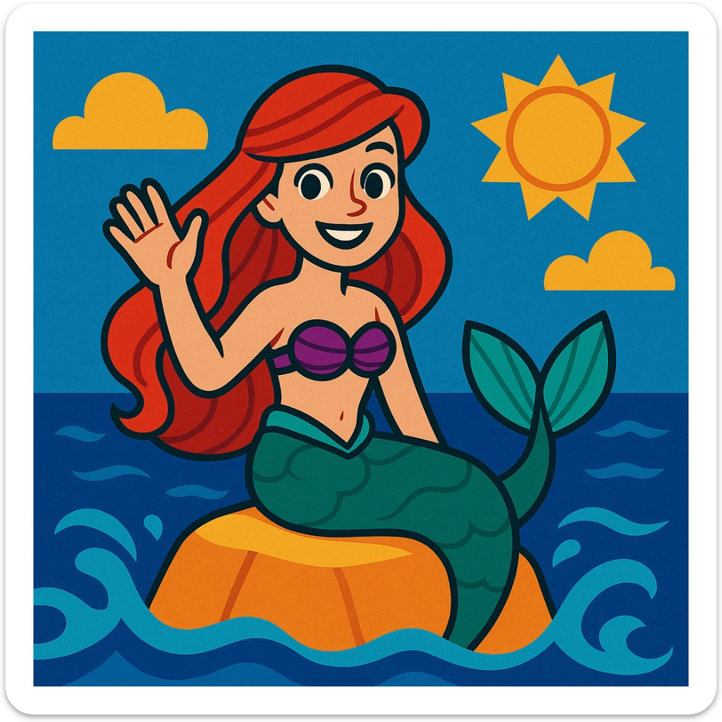 The little mermaid sitting on a rock, waving her hand to the viewer, smiling, in a charming and friendly style. sticker
