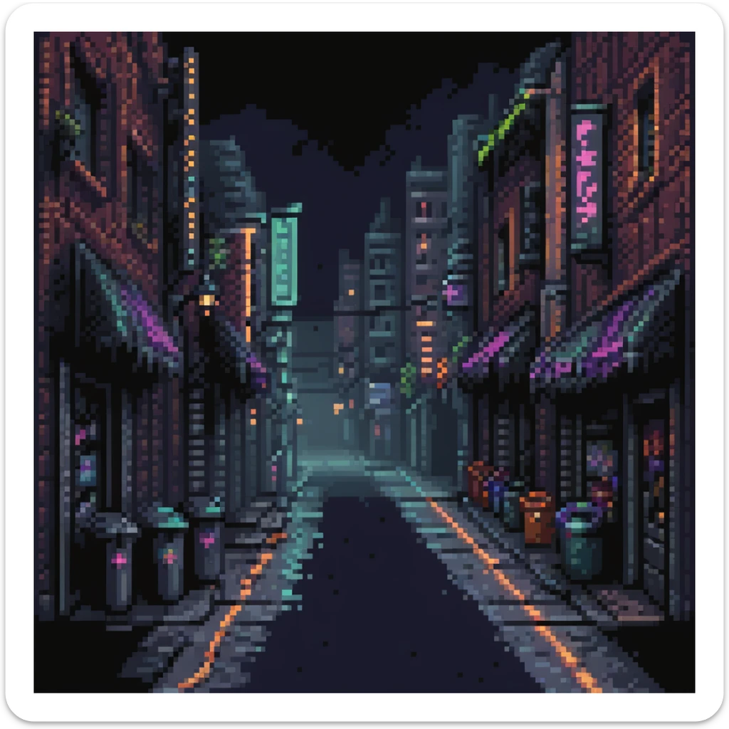 Pixel art background, side view of a dark Gotham-style street at night, moody lighting, flickering neon signs, trash bins, wet pavement, shadows in windows, 2D fighting game stage style, straight camera angle, retro arcade aesthetic
 sticker