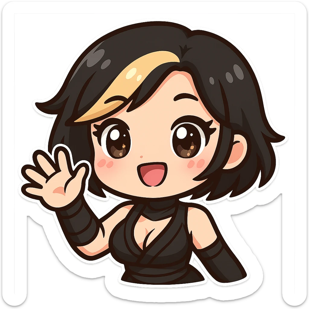 Super cute kawaii chibi style sexy ninja girl with black short hair and a blonde streak, only head and arms visible, big sparkling eyes, round face, soft colors, playful charm, bold outlines, transparent background, no mask, hand fully raised, waving, smiling, sized for Twitch emoji use. sticker