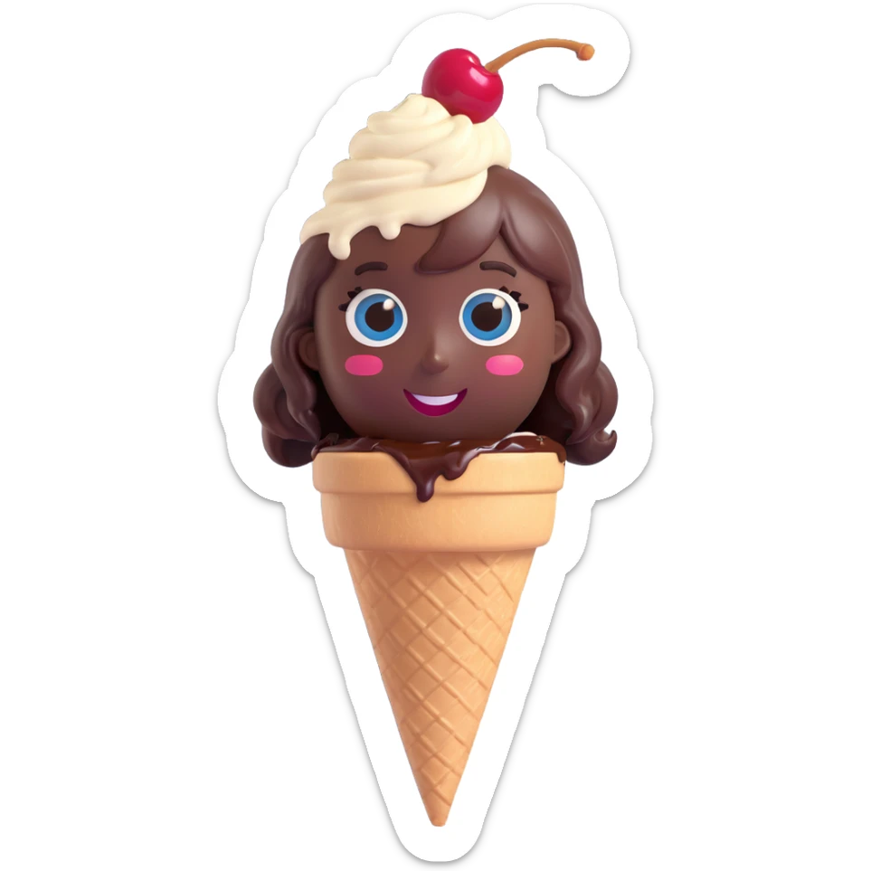 cheerful emoji-style face made from a scoop of ice cream, chocolate syrup hair, big sparkling eyes, joyful smile, cherry on top, expressing happiness and love for desserts sticker