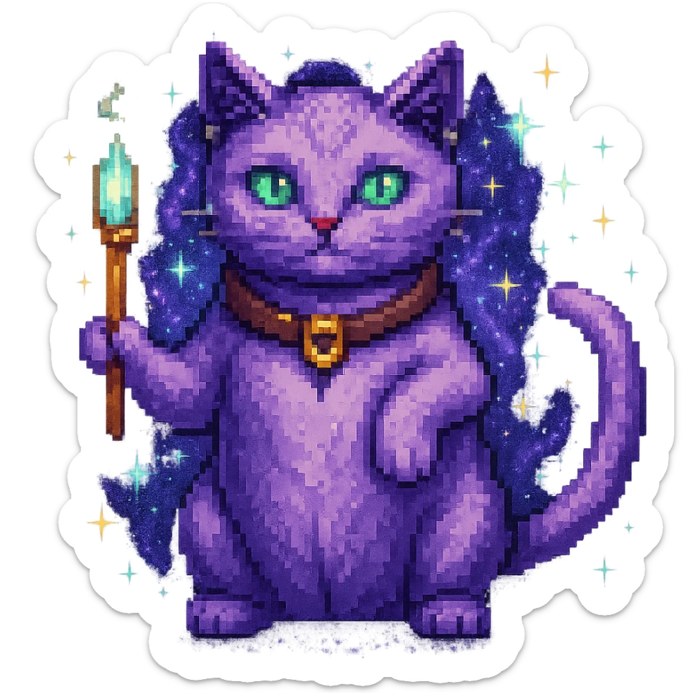 Add sparkles and a magical aura to the purple cat casting a spell in pixel art style, keep the background transparent. sticker