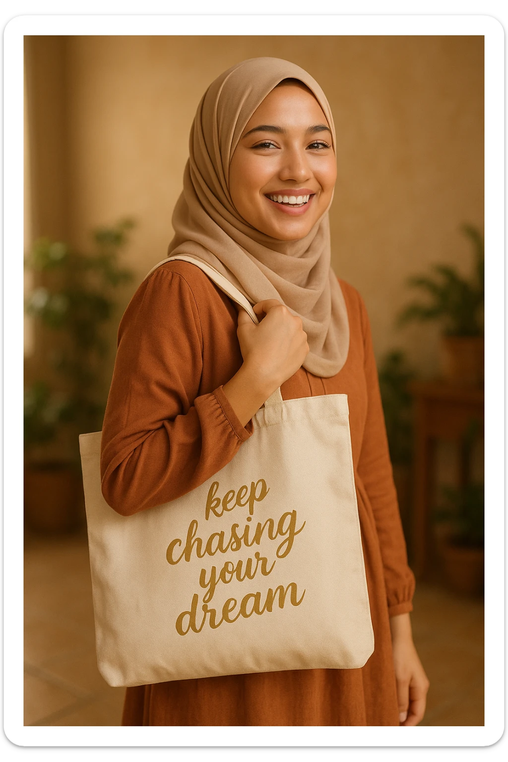 A beautiful hijabi girl, smiling, wearing a tote bag. The tote bag features the text 'keep chasing your dream' in a soft gold color. The overall look is warm, inviting, and uplifting. sticker