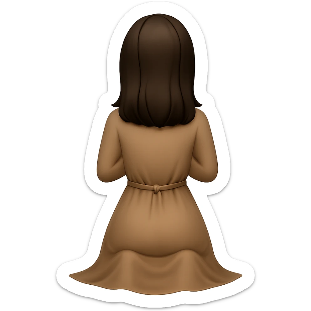 Create a woman kneeling and praying from the back view, wearing a long tan dress, with dark brown hair, in emoji style, matching the same body figure as the reference image, with no background. sticker