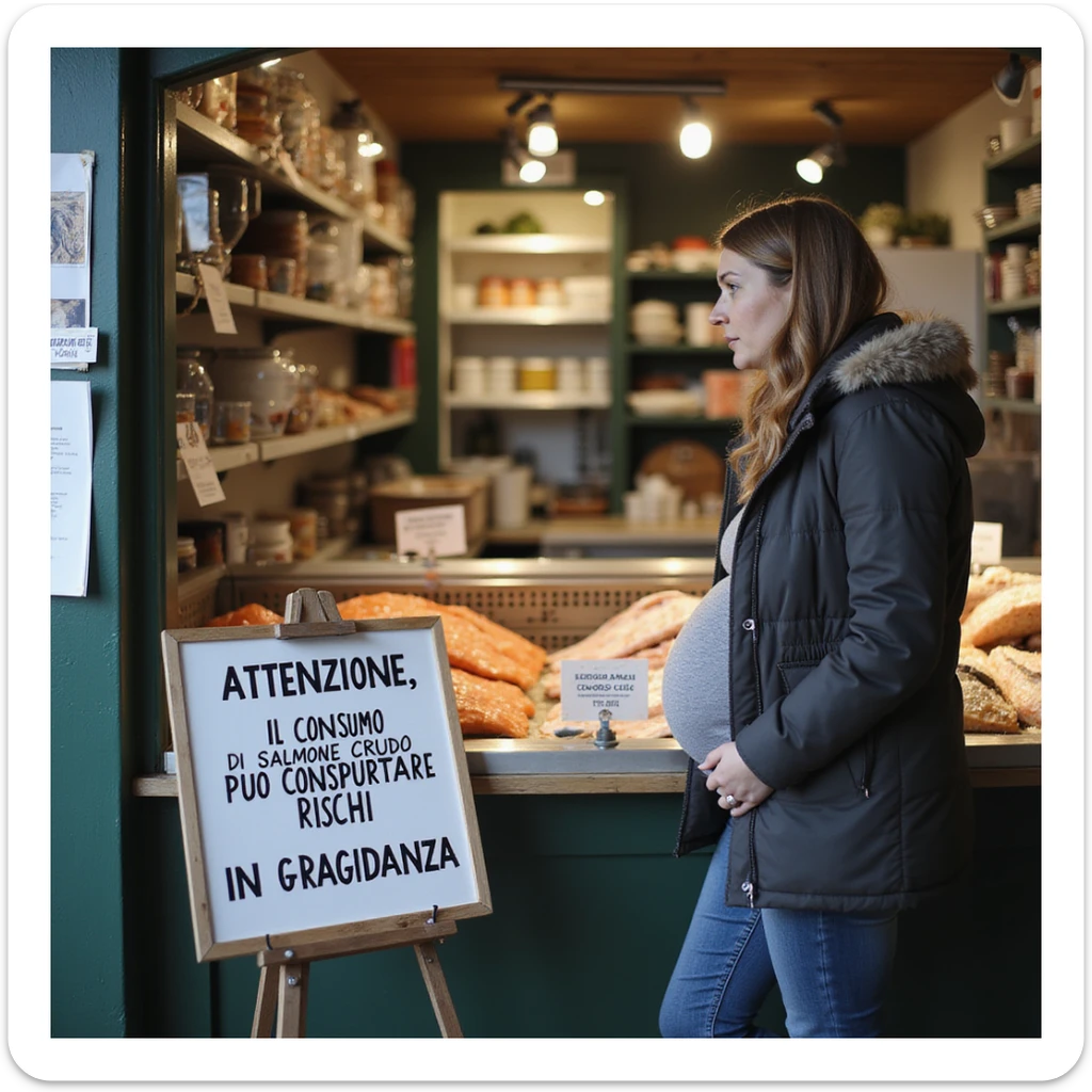 realistic pregnant woman in 4K talking to a fishmonger in front of a sign that says: 'Attenzione, il consumo di salmone crudo puo comportare rischi in gravidanza' sticker