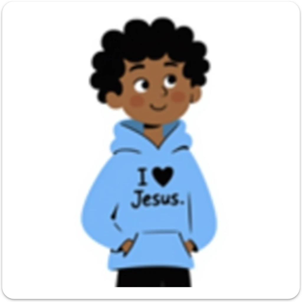 girl with dark skin, short curly dark brown hair, blue hoodie with 'I heart Jesus' on it sticker