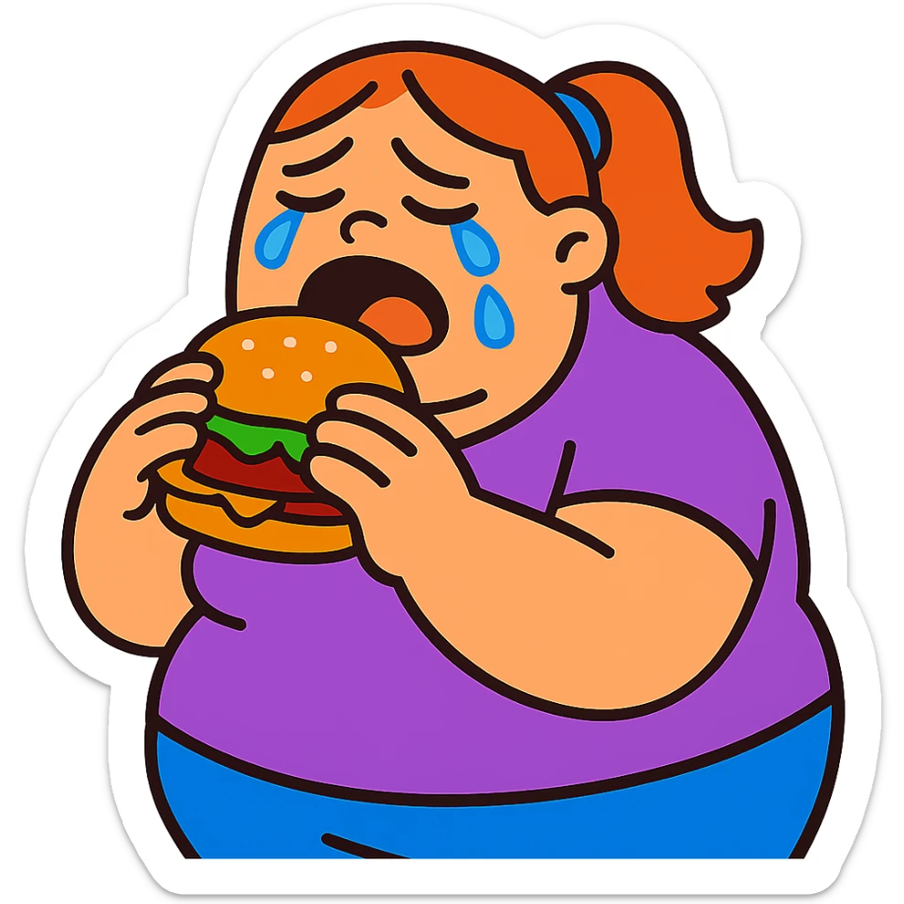 vibrant toon style fat girl crying and eating a burger sticker