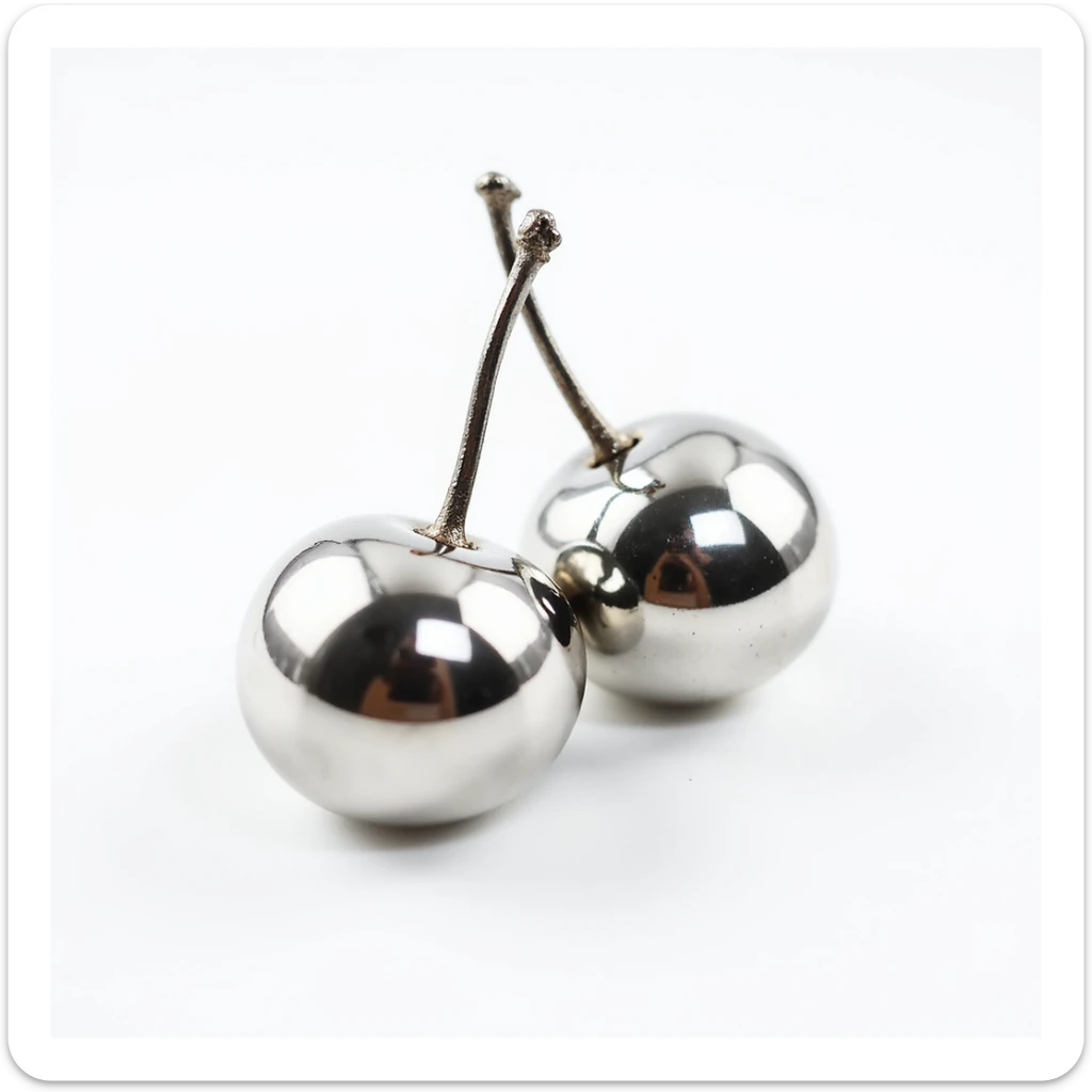 a pair of cherries made of shiny silver metal, realistic, reflective, with metallic stems, transparent background sticker
