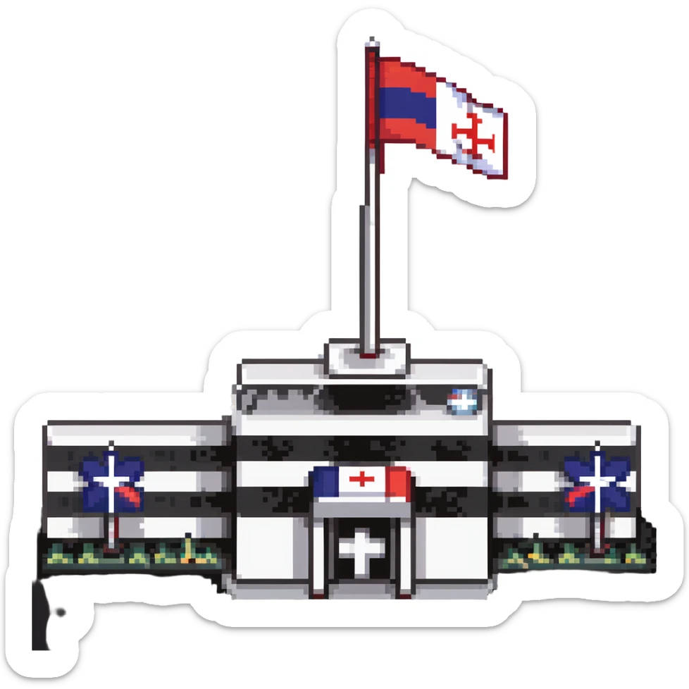 Hospital building with Thai flag on flagpole, medical cross symbol, red white blue striped flag of Thailand sticker