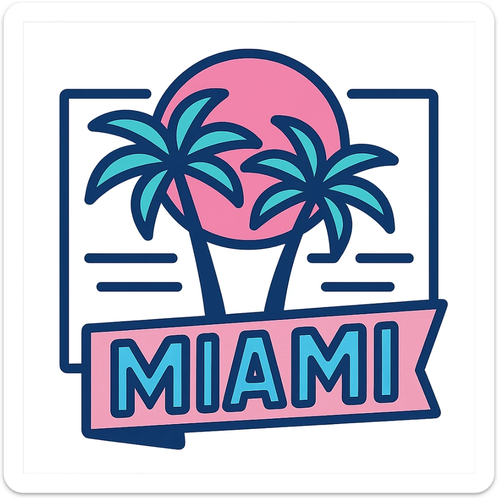 80s Miami neon sign, light pink and blue, palm trees, Vice City vibe, retro aesthetic sticker