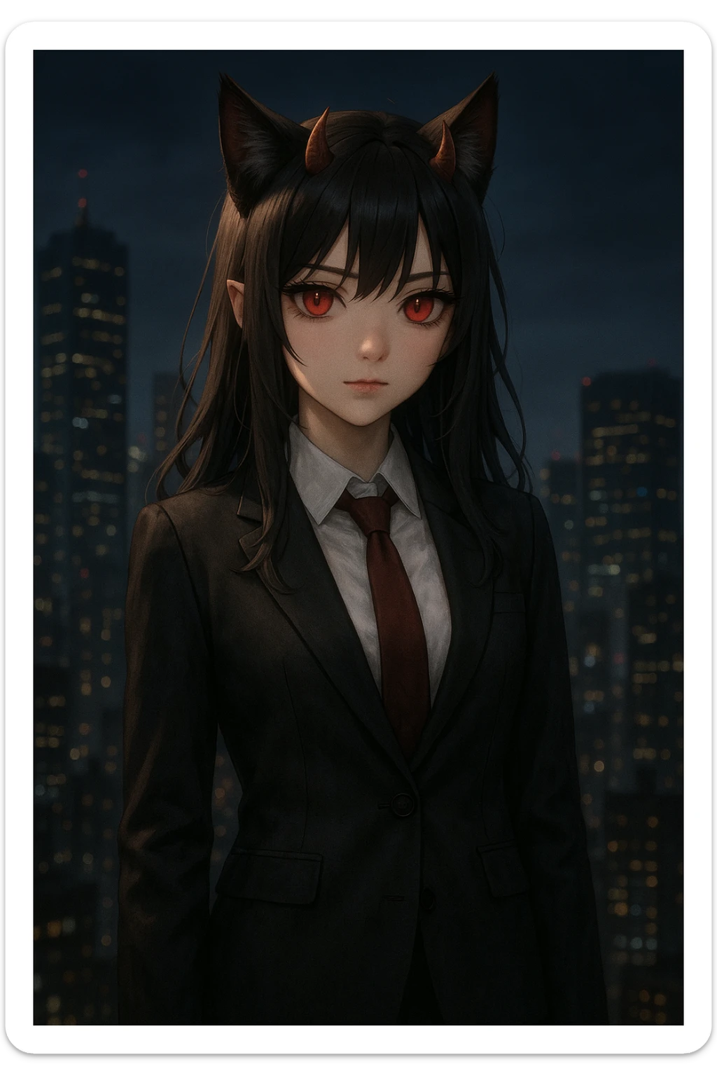 realistic anime catgirl devil in a business suit, subtle horns, red eyes, city skyline at night sticker