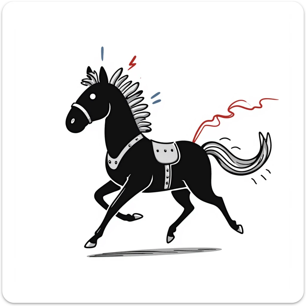 Fast running electric horse constructed from metal plates, bolts, blue and red wires, with electricity and lightning coursing through its body sticker