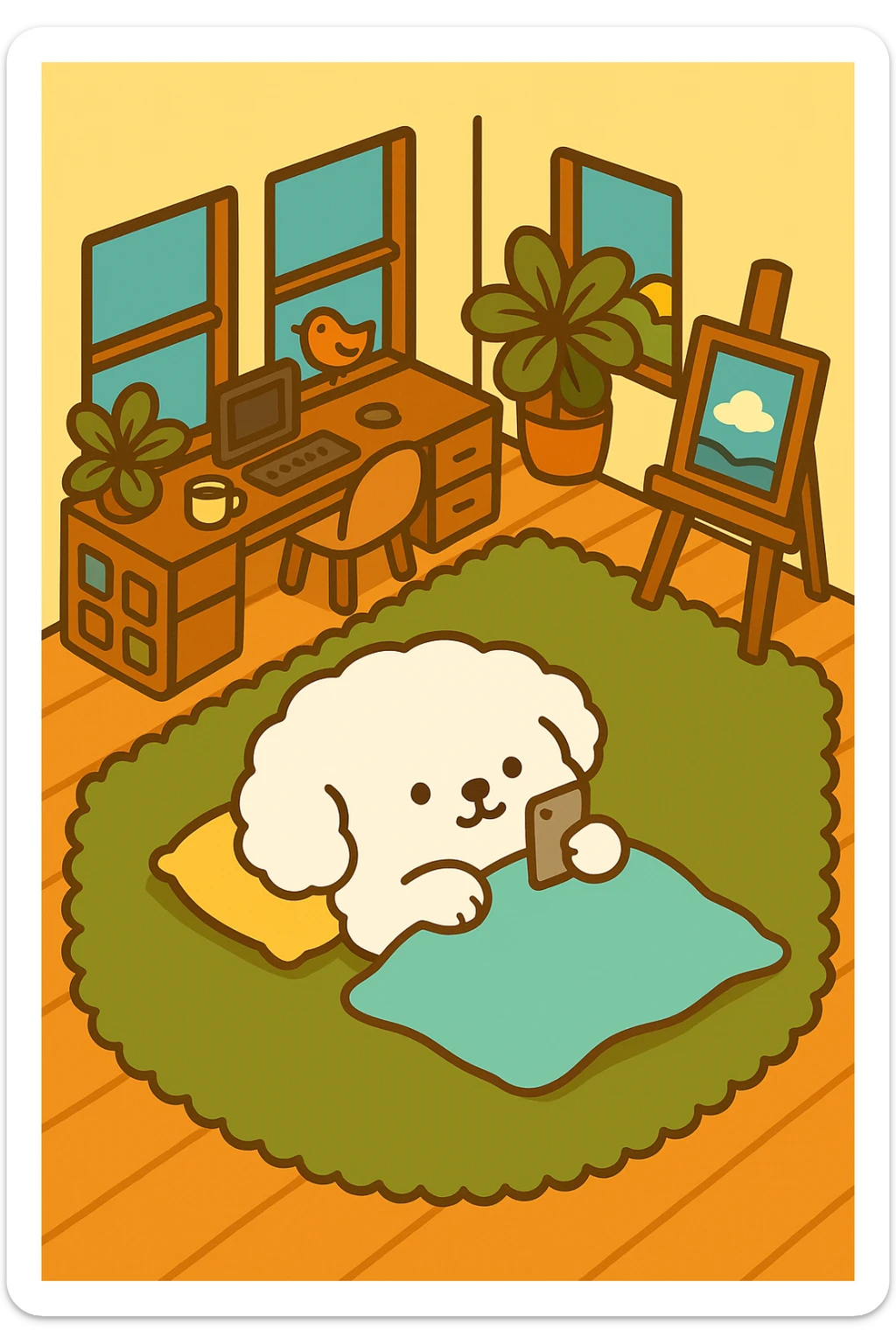Place the character lying down on the green carpet in the living room, keeping the cute style and the original colors of both elements. sticker