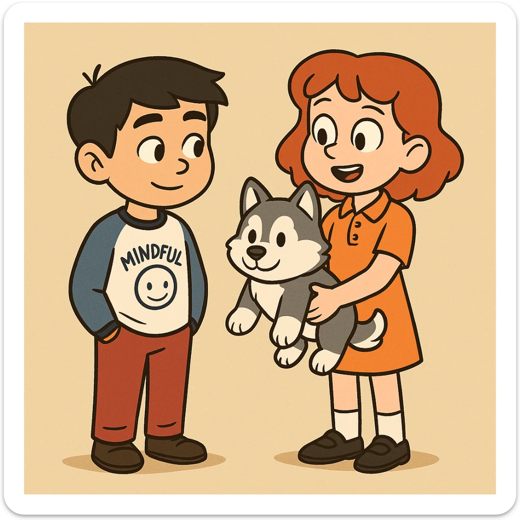 A boy Mindful Blue Original Long Sleeve T blue jeans brown shoe Chinese boy black hair Ringer T White Navy red trousers black shoe Siberian Girl red hair Orange Pro polo dress with socks black loafer a shoe Husky plushie  sticker