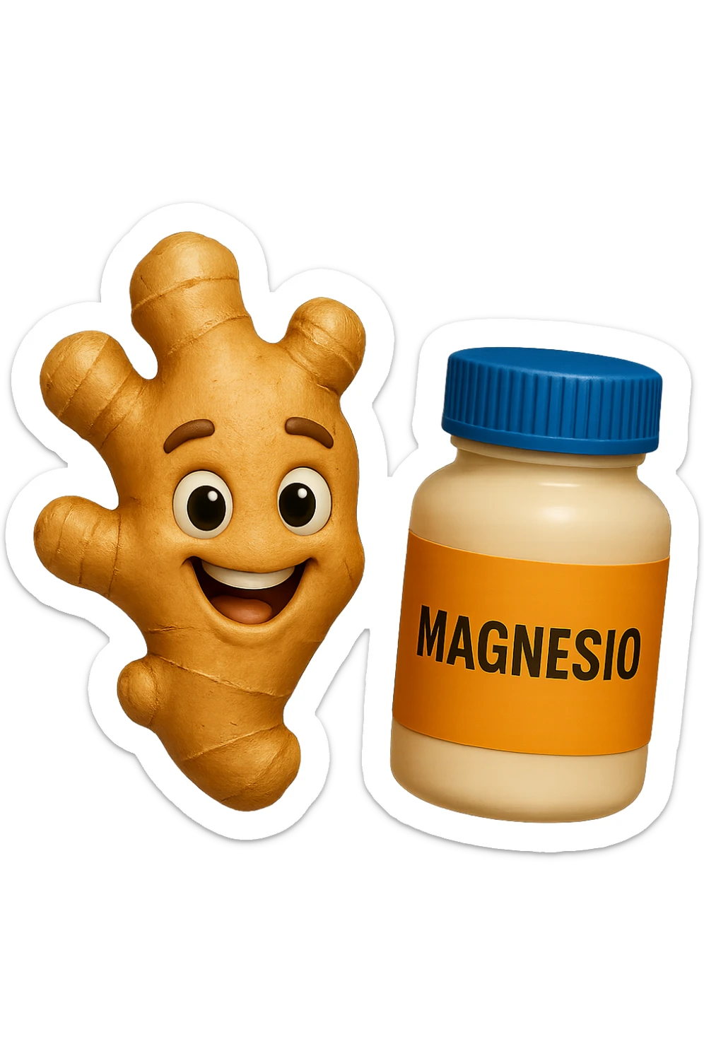 emoji stile iphone 3d di un pezzetto di zenzero e una boccetta di magnesio con la scritta "MAGNESIO" SULL'ETICHETTA CHE FLUTTUANO IN ARIA, iperrealistico 4k sticker