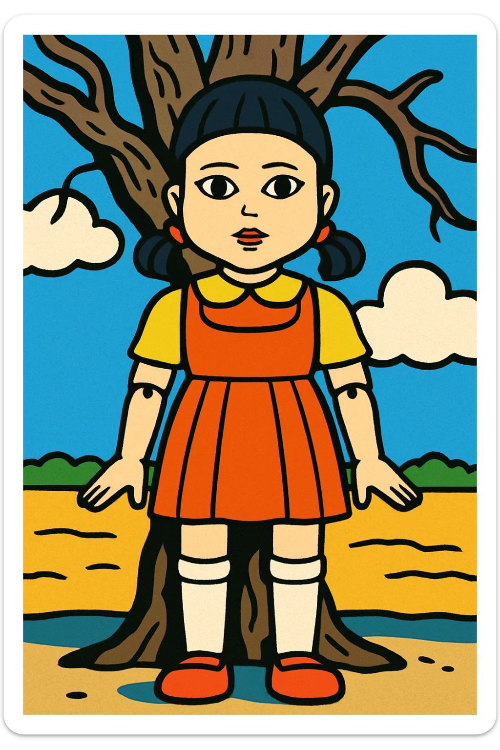 cartoon style illustration of the Squid Game doll from the first game sticker