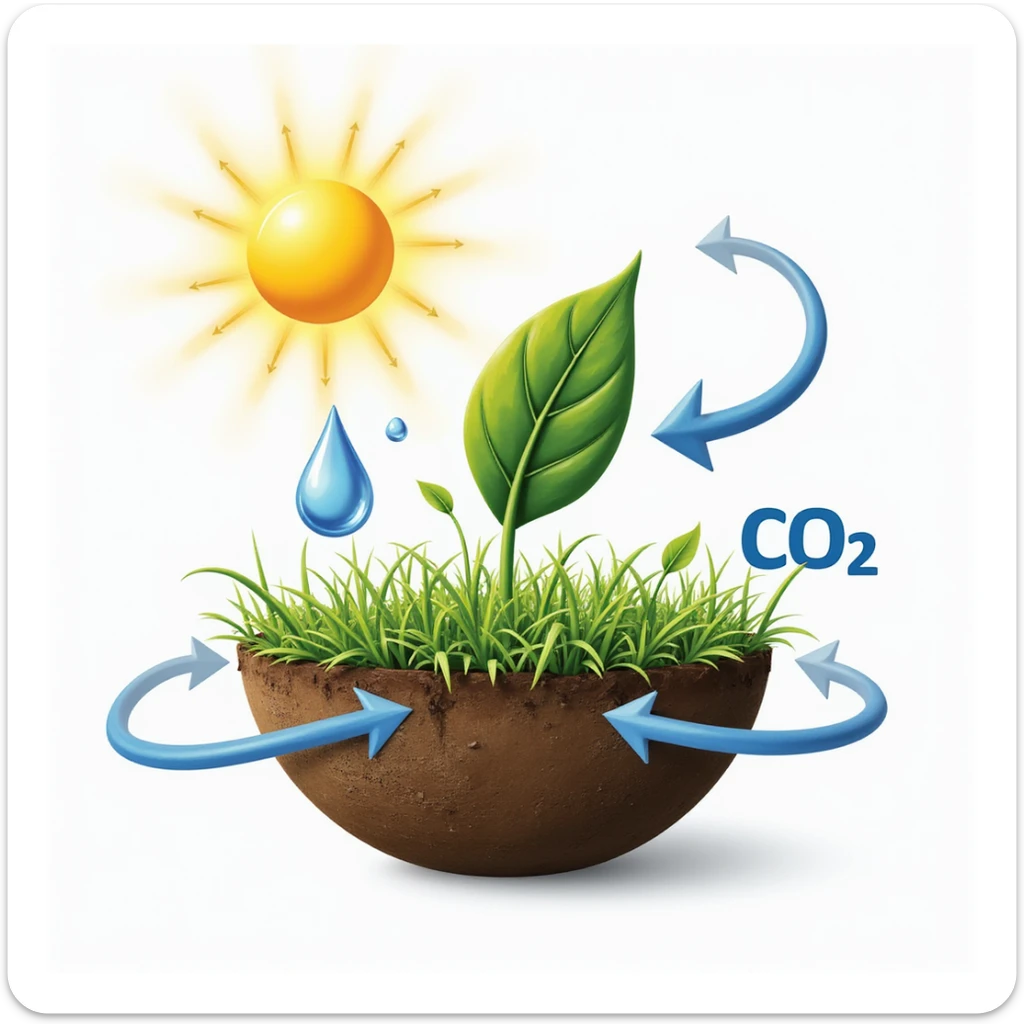 highly realistic detailed scientific diagram of photosynthesis with leaf, sun, water droplets, and CO2 arrows, accurate scientific elements, no background, transparent background sticker