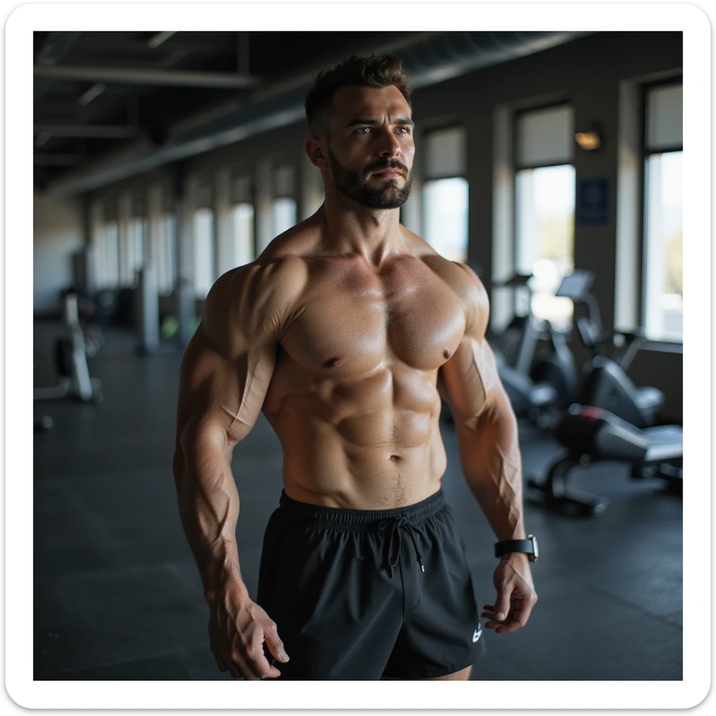 Uomo che si allena in palestra, esegue affondi con manubri, abbigliamento sportivo, fisico atletico, atmosfera motivazionale, dettagli iperrealistici 4K, ambiente moderno da palestra. sticker