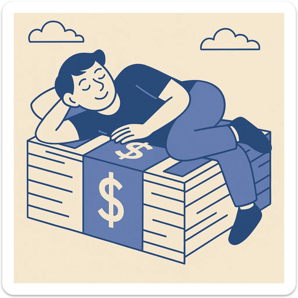 happy person napping on mattress of money sticker