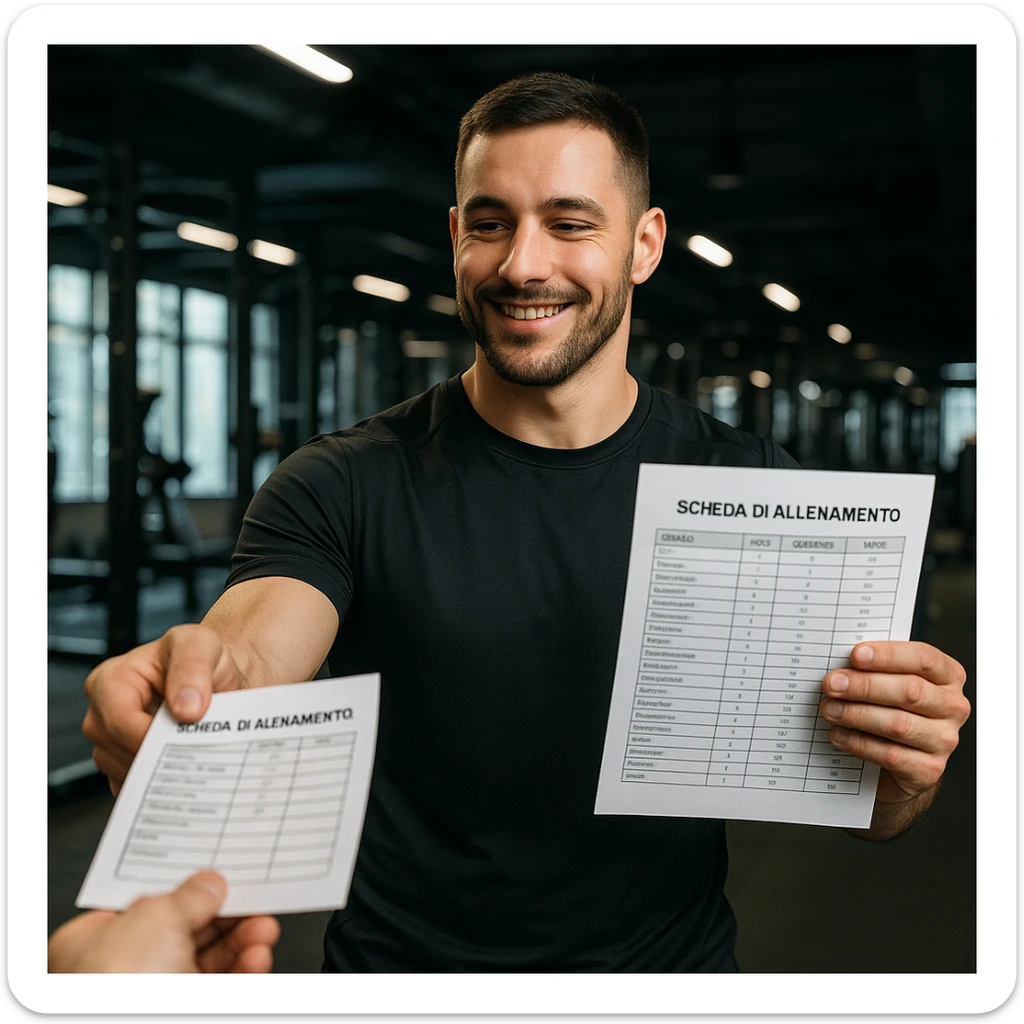 Uomo in palestra che cambia la scheda di allenamento, abbigliamento sportivo, tiene in mano una nuova scheda con scritte in italiano, mentre consegna la vecchia, atmosfera da palestra moderna, dettagli iperrealistici 4K, espressione soddisfatta. sticker