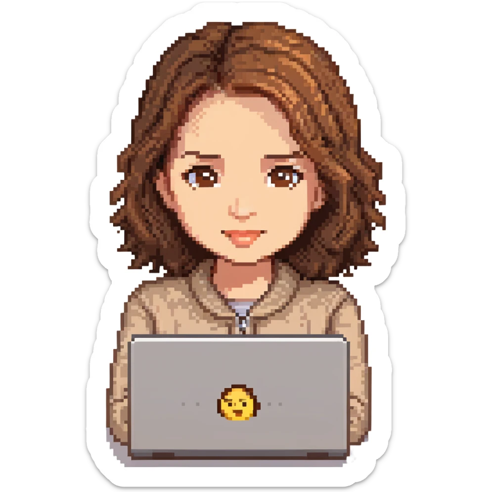 pixel art recreation of the Apple emoji 'woman technologist' with brown hair, brown eyes, light skin, and a laptop, closely matching the original emoji's pose and expression sticker