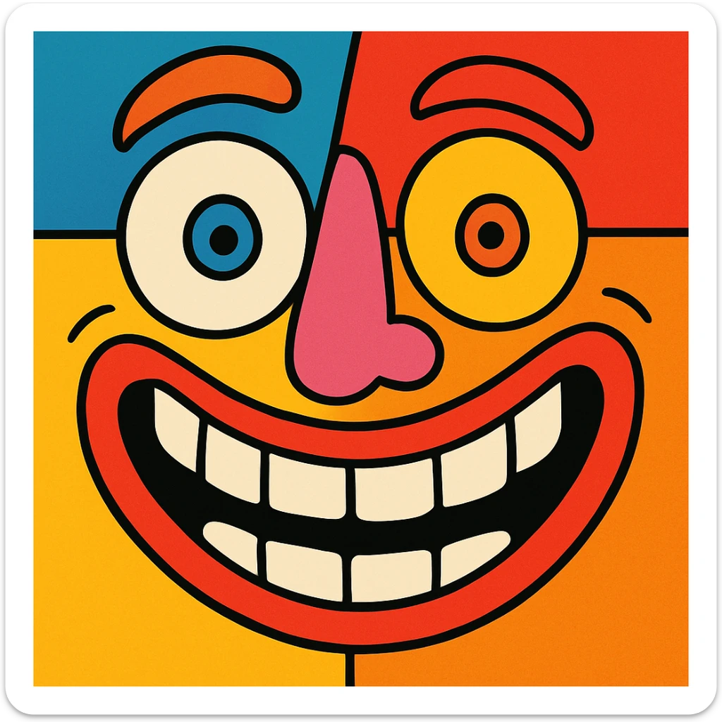 goofy absurd face with mismatched eyes and wide grin, fun and colorful sticker