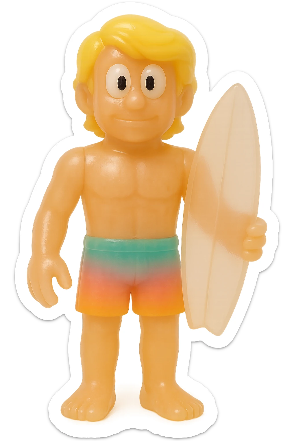 full-body surfer bro, retro 90's toy style, very transparent and slightly see-through, natural tan skin, blonde hair, colorful shorts, large white eyeballs with small black pupils, soft plastic texture, soft reflections, soft and squishy, some cloudiness, not shiny, highly detailed, appealing, no tag, no background sticker