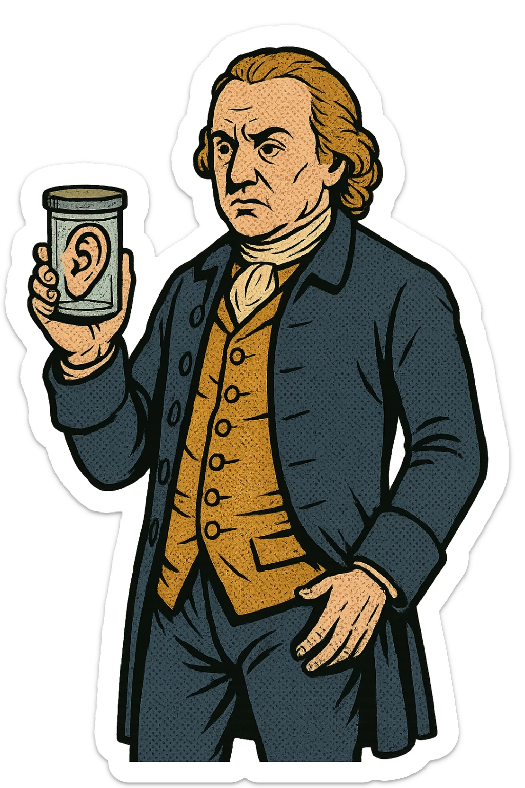 The full body of 1700s surgeon john hunter holding a small specimen jar containing a human ear which he is holding by his side sticker
