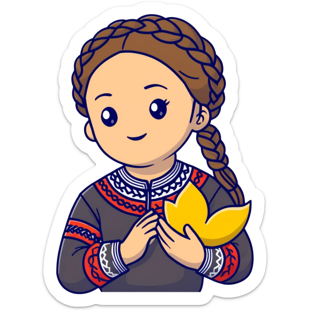 Ukrainian young girl with braided hair wearing traditional vyshyvanka embroidered shirt holding the sun in her hands sticker