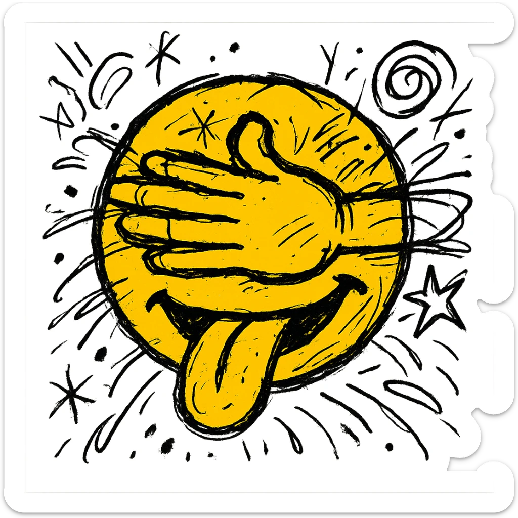 yellow emoji face sticking out its tongue, one hand flat and horizontal across its face, completely covering both eyes with fingers spread out, playful and chaotic energy sticker