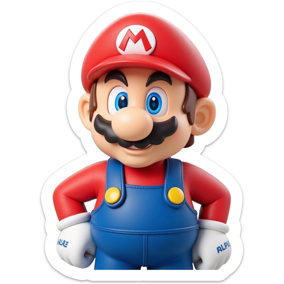 a worker in factoryA 3D-rendered head of a character inspired by Super Mario, facing slightly from front-left to right. The head should include his signature red cap with an ‘M’, large round nose, thick mustach sticker