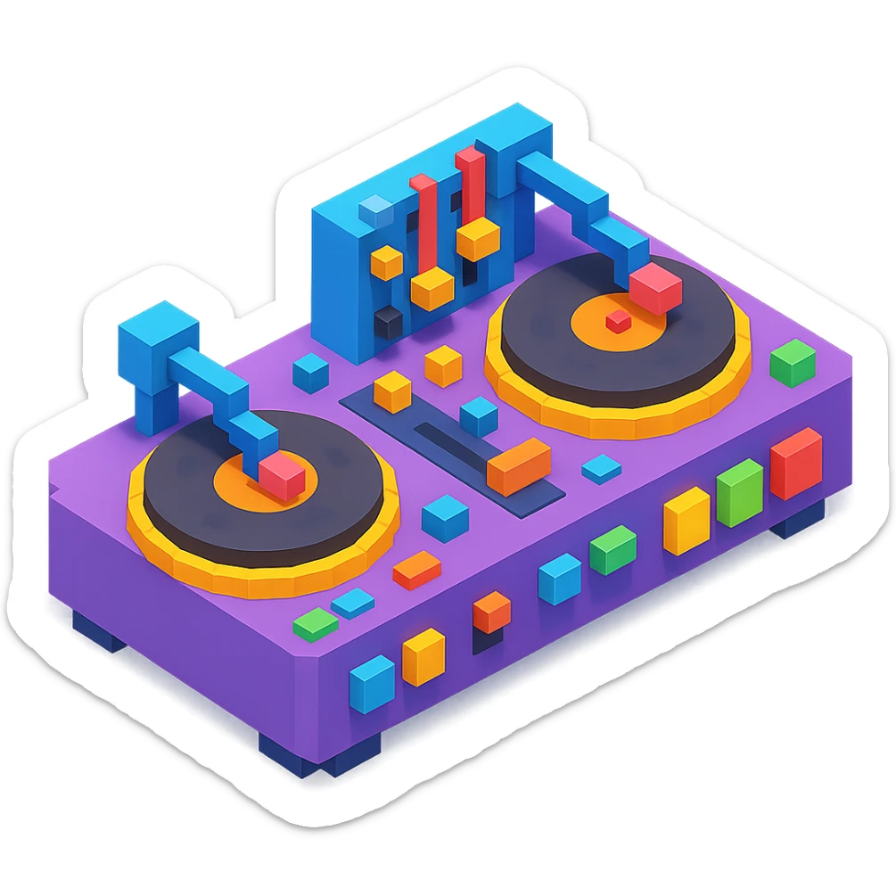 detailed DJ equipment close-up with turntables, mixer, and glowing buttons sticker