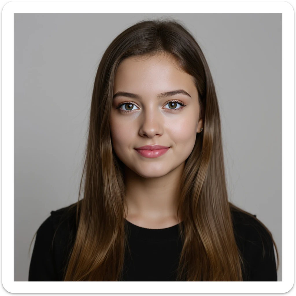 realistic portrait of a girl with long straight brunette hair and blue eyes, photographic style, natural pose, plain background sticker