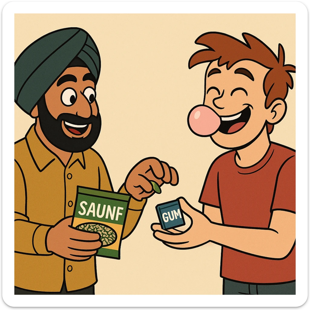 playful cartoon scene with one character named Sardar holding a packet of saunf, another character smiling and chewing gum, both exchanging their snacks, friendly and humorous mood sticker