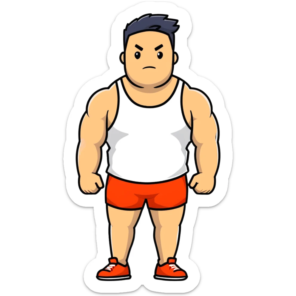 full body bulky male figure standing wearing athletic clothes, muscular build, not overweight but not skinny, tank top and shorts sticker