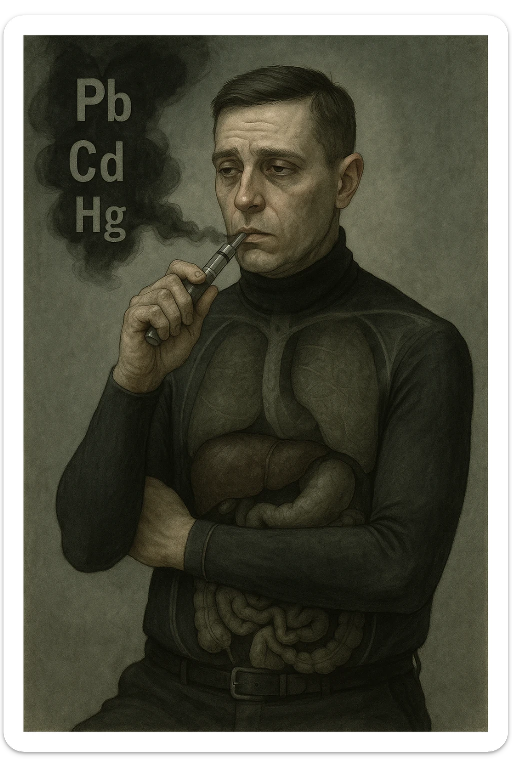 Realistic medical style illustration of a man aged 30-40 years with pale skin, dull eyes, and a tired face, inspired by the reference photo. He holds an electronic cigarette emitting dark smoke with chemical symbols Pb, Cd, Hg. His body is transparent showing dark liver and intestines. The atmosphere is gloomy with metallic colors, realistic medical style. sticker