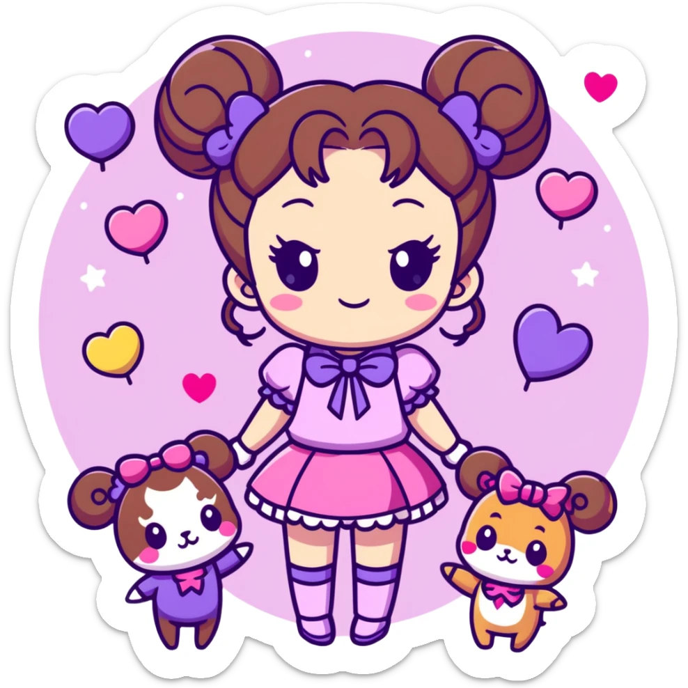 A sparkly magical girl with brown hair in twin buns, wearing a pink and purple outfit, surrounded by glitter, hearts, and animals — in chibi anime style. sticker