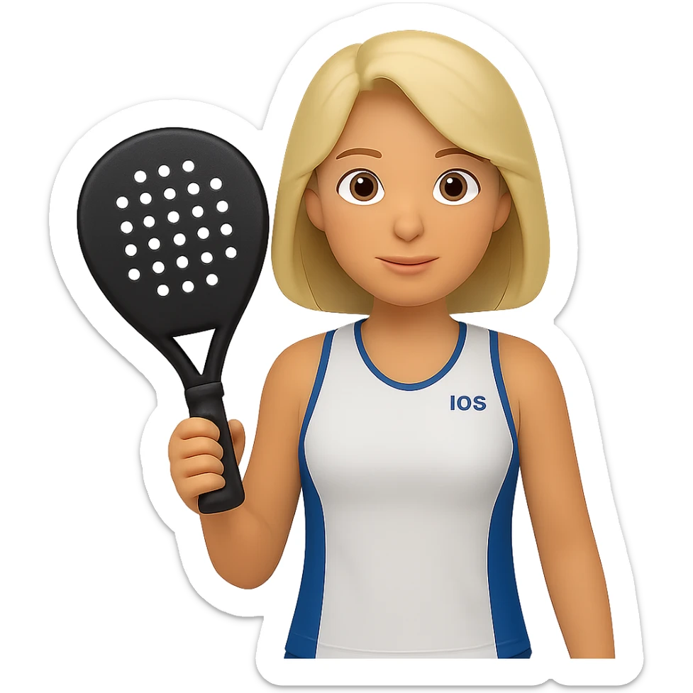 Change the image to depict a woman simply holding a padel racket in a neutral pose with no action, in emoji style, with no background. sticker