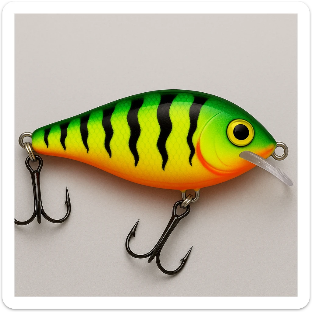 Edit the image of a Rapala fishing lure in side view to have the firetiger colorway, featuring vibrant orange, black stripes, and yellow accents typical of the firetiger pattern. sticker