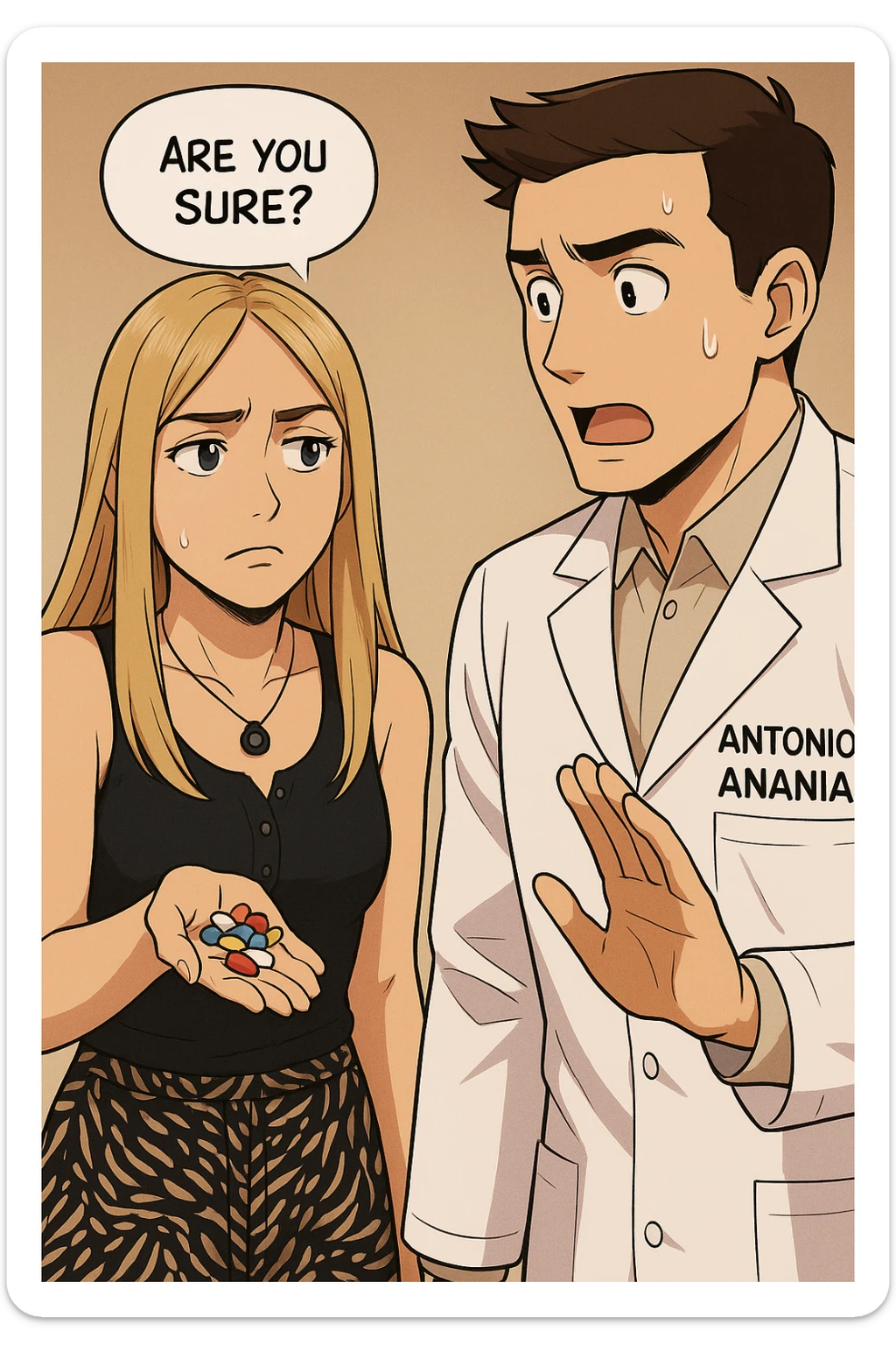 fai un webtoon/manga a colori con questo kinesiologo in camice bianco (fagli la scritta "ANTONIO ANANIA" SUL CAMICE) CHE PARLA CON QUESTA RAGAZZA CON GLI OCCHI AZZURRI. LA RAGAZZA HA UN PUGNO DI INTEGRATORI IN MANO (TANTE PILLOLE DIVERSE) E LE GUARDA DUBBIOSA. IL KINESIOLOGO CON IL CAMICE BIANCO LE DOMANDA UNA COSA SCIOCCATO. NON FARE I FUMETTI, FAI SOLO LORO COME SE DIALOGASSERO sticker