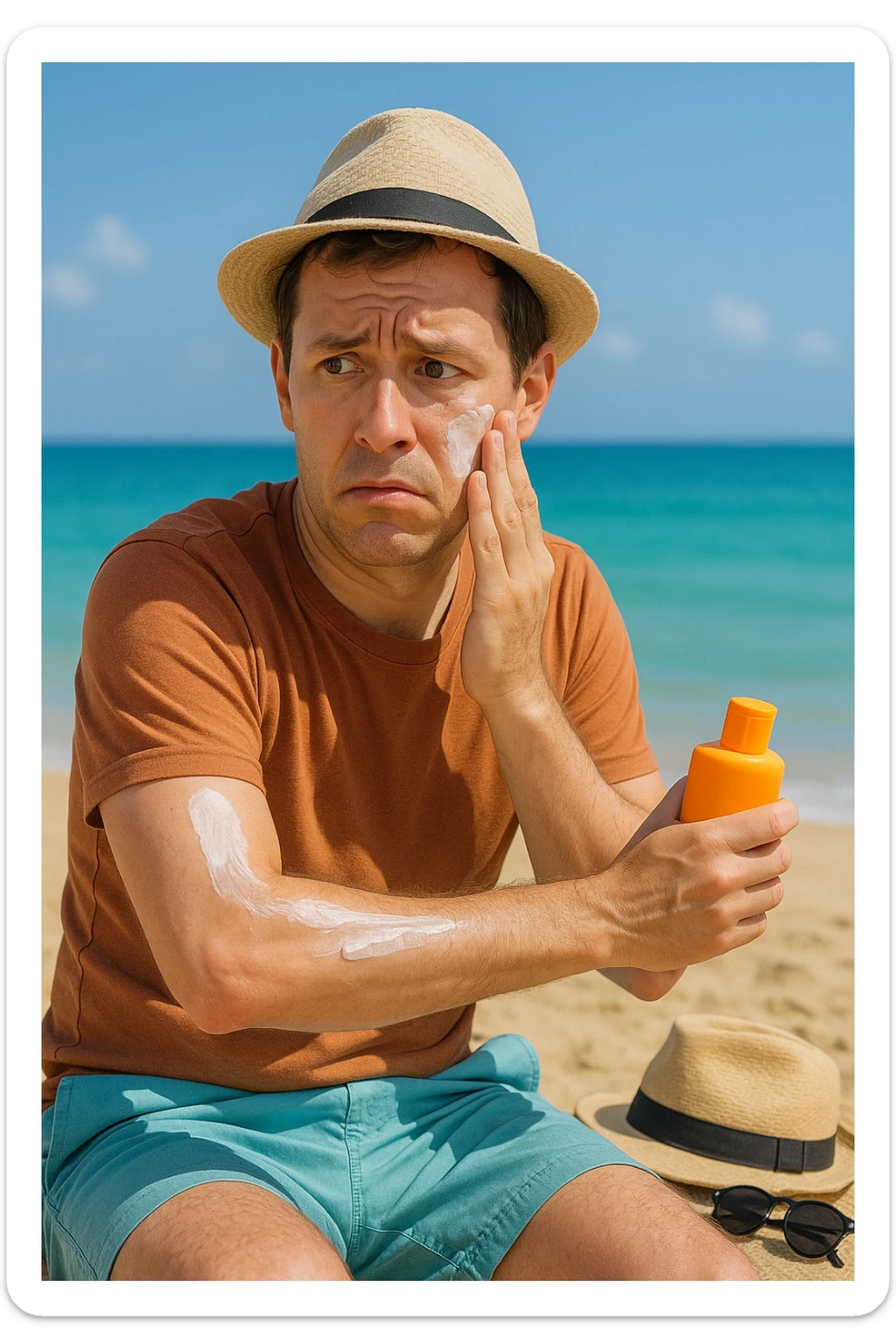 uomo a mare che si mette la crema solare perchè ha paura del sole sticker