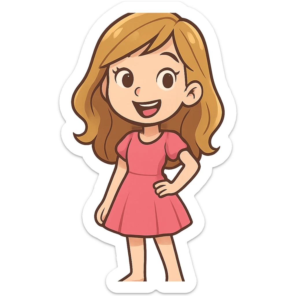 pretty girl with bronde hair in a pink dress, smiling, standing pose, cartoon style sticker