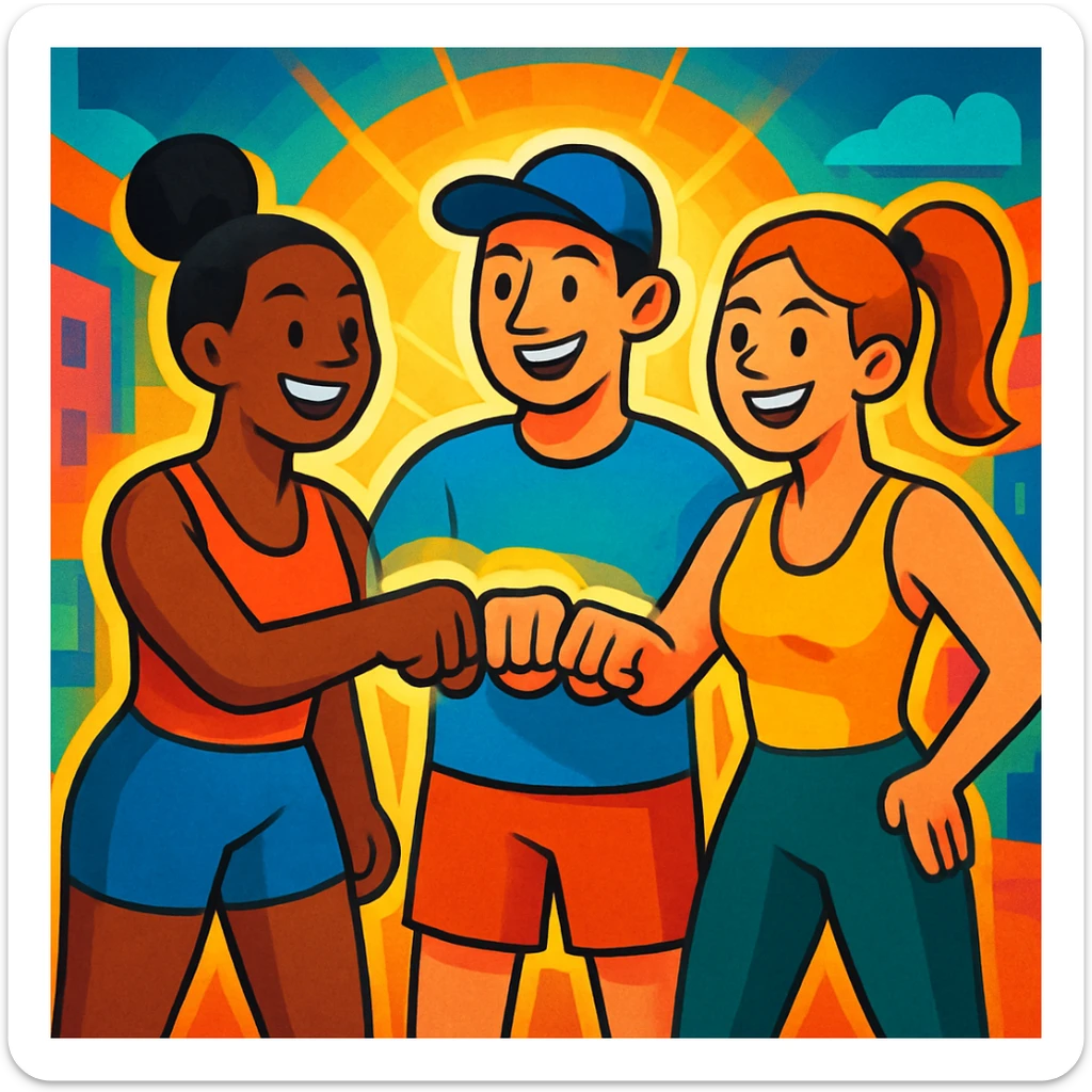 Sporty trio, smiling and fist bumping, glowing aura, urban cartoon illustration, vibrant colors, fitness and teamwork atmosphere. sticker