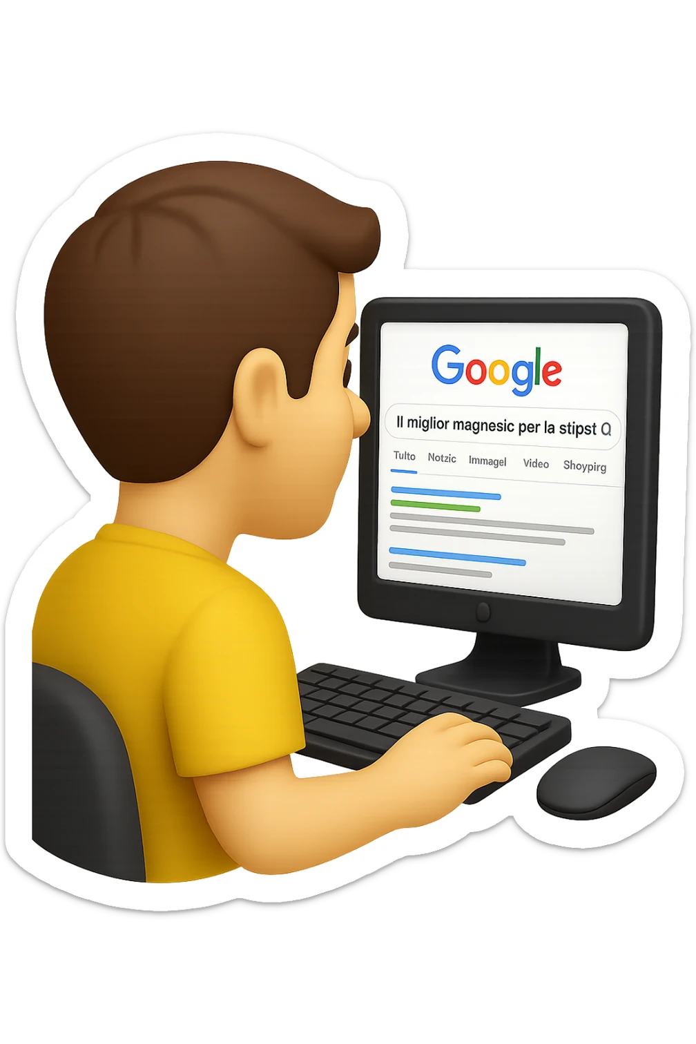 emoji stile iphone di un uomo davanti al pc che cerca di google: "Il miglior magnesio per la stipsi", iperrealistico 4k sticker