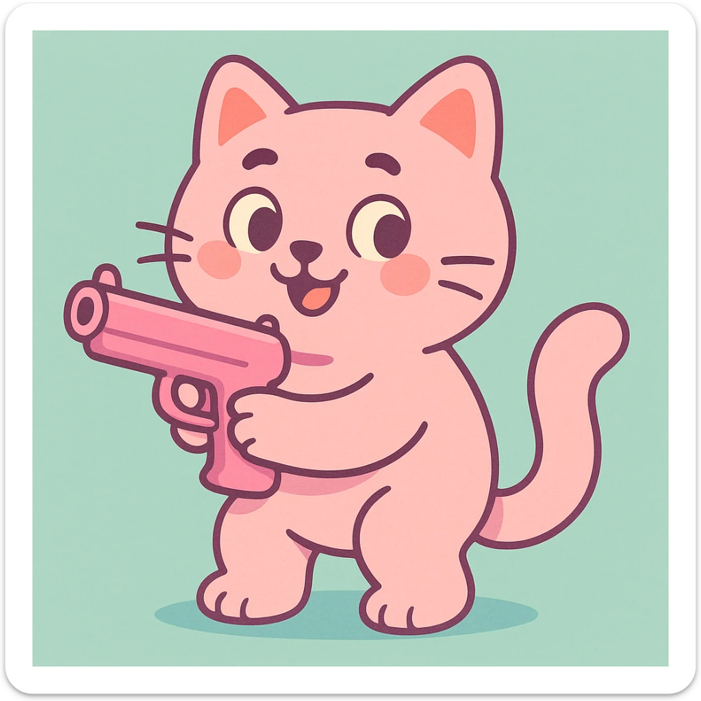 cute pink cat holding a pink gun, gentle shading, rounded shapes, cheerful vibe sticker
