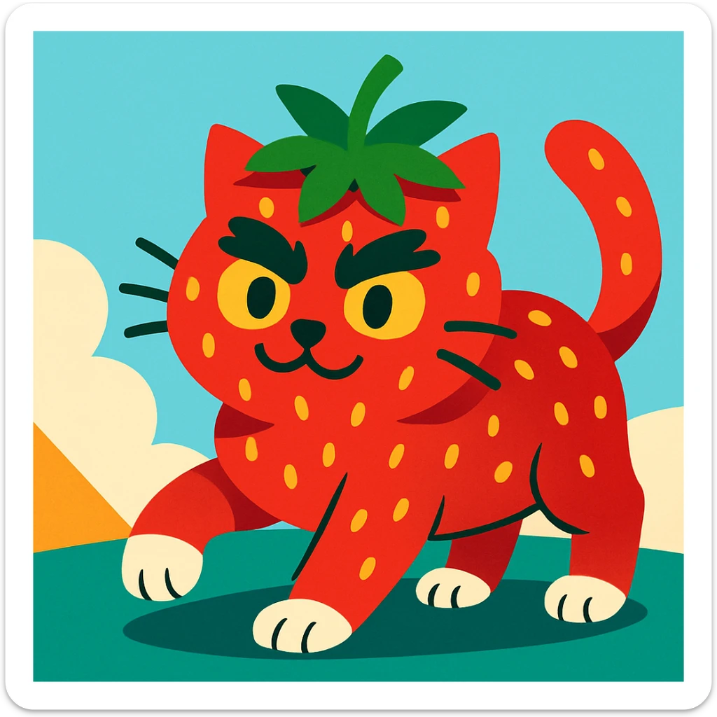 a cat with strawberry-like skin, prominent bushy eyebrows, and white toes, vibrant colorful style sticker