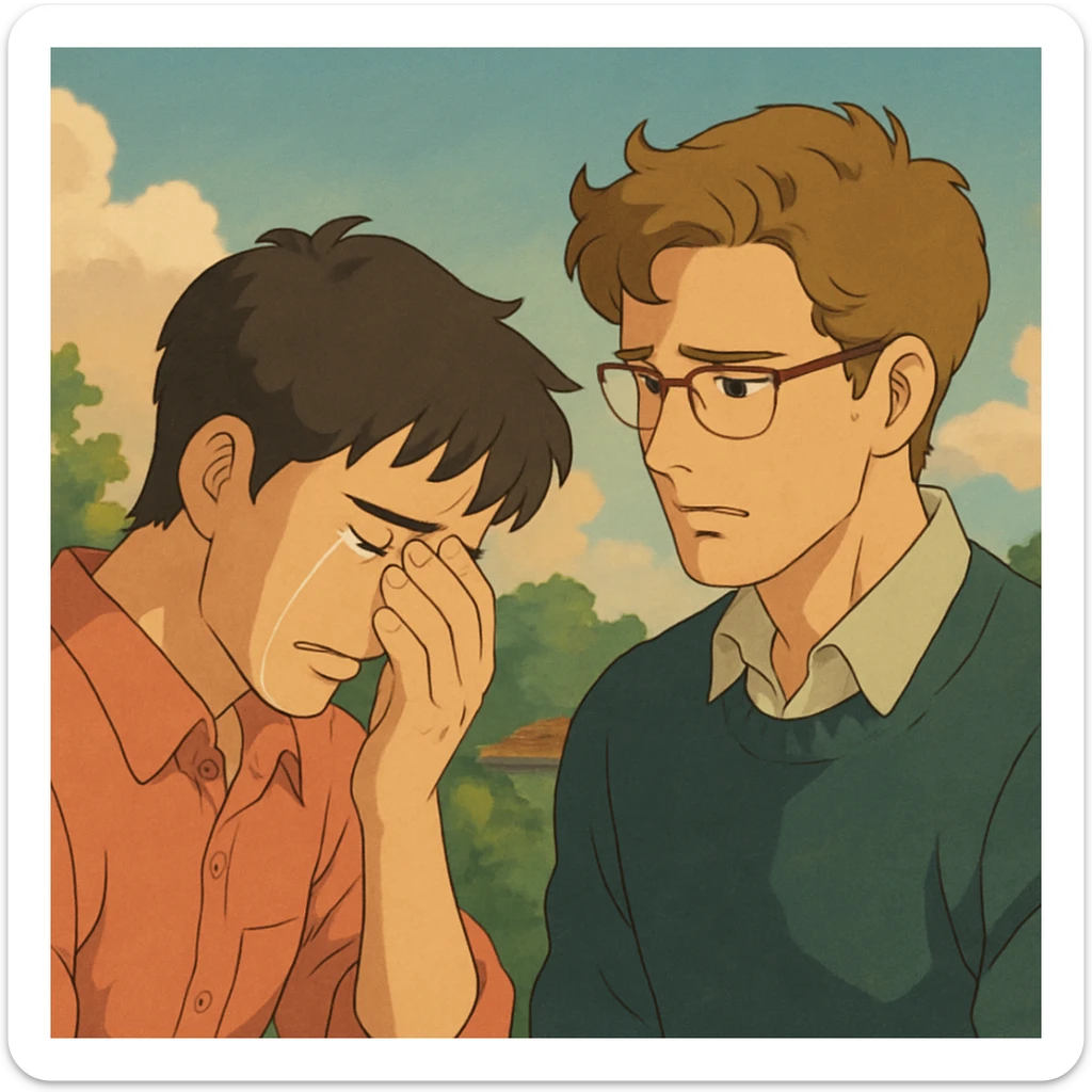 two men, gay couple, breaking up, emotional scene, in ghibli style sticker