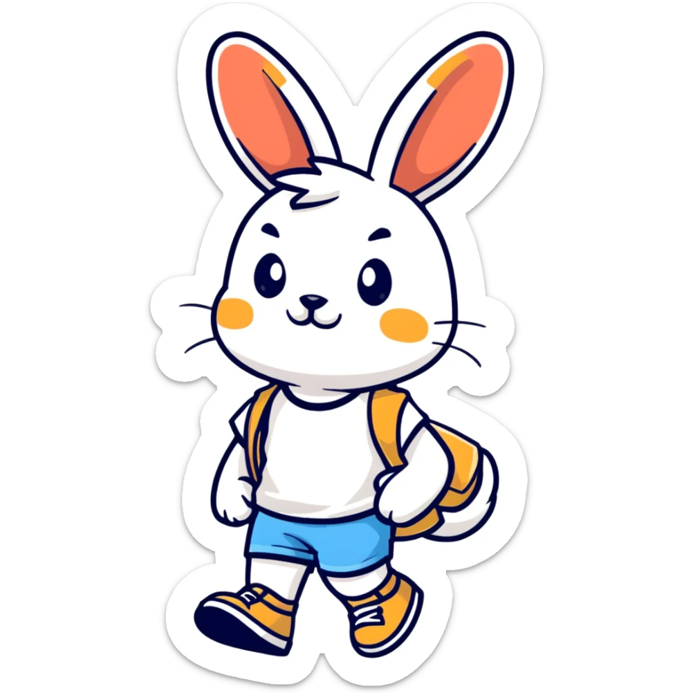 retro 1930s anthropomorphised rabbit in a t-shirt and shorts walking black and white sticker