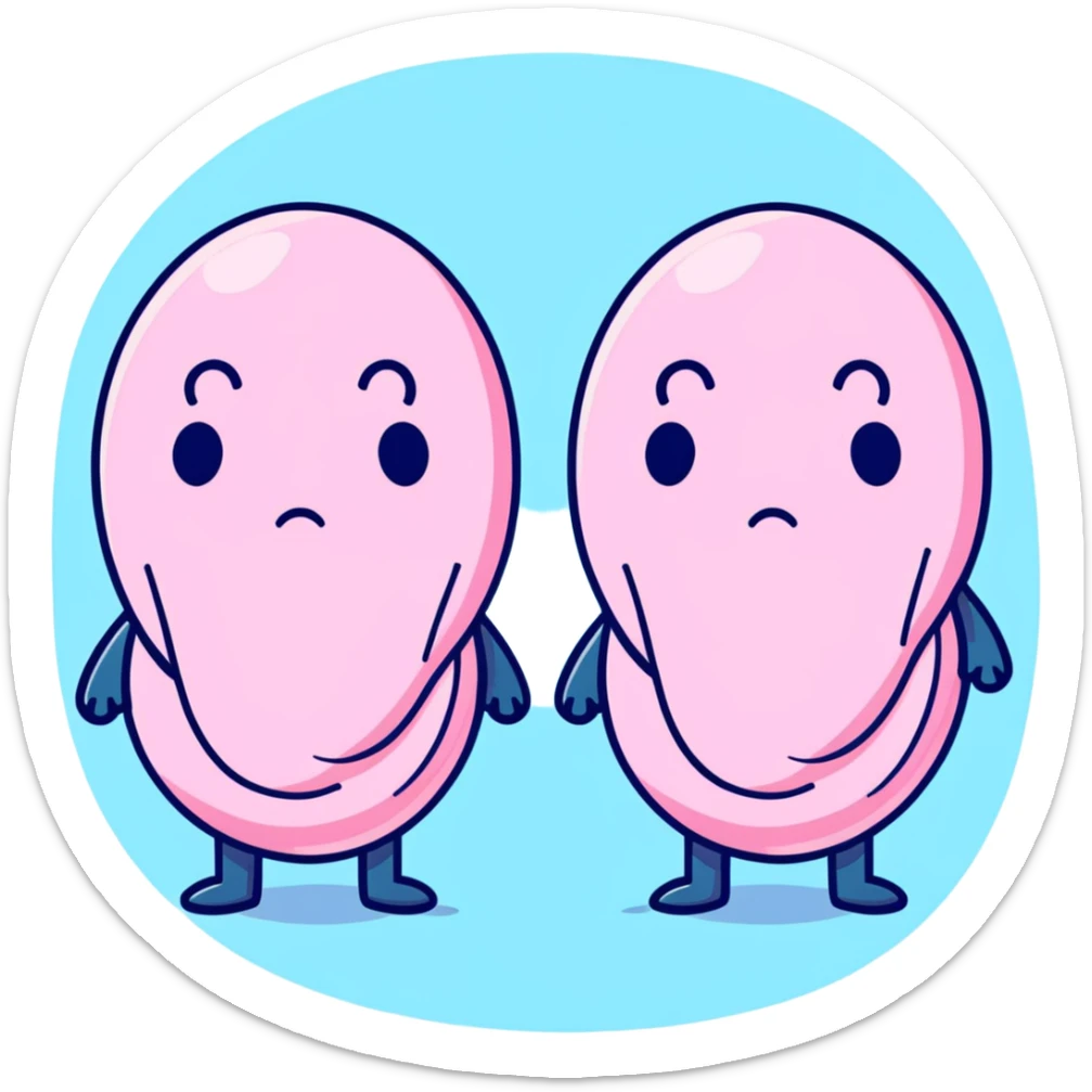cartoon kidneys with stress lines and sweat, holding their sides, tired eyes, soft blue and pink tones, medical style sticker