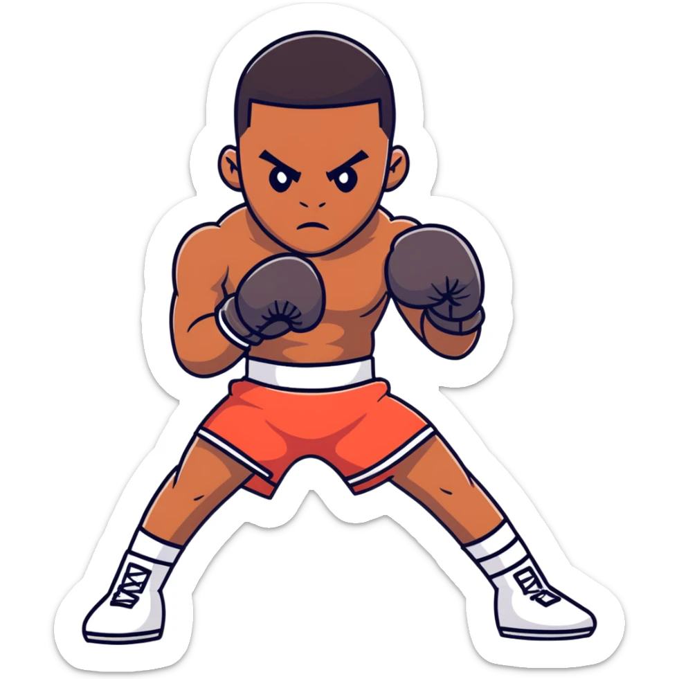 Full body view of a young 19-year-old lightweight Black male boxer in fighting stance, lean athletic physique, boxing gloves raised sticker